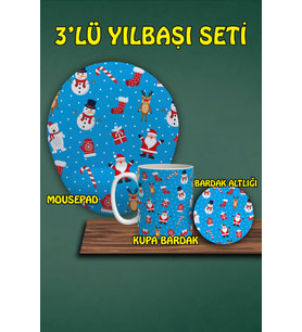 Yılbaşı Temalı 3'lü Bilek Destekli Mousepad Kupa ve Bardak Altlığı Seti