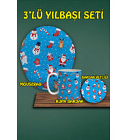Yılbaşı Temalı 3'lü Bilek Destekli Mousepad Kupa ve Bardak Altlığı Seti