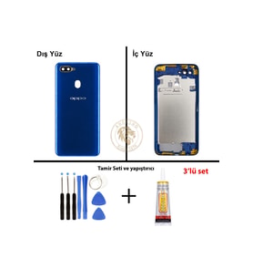 Oppo A5S Mavi Uyumlu Lensli Orta Kasa + Yapıştırıcı ve Vida Seti Full Kasa Kapak Gövde Housing