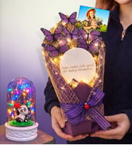 Kişiye Özel Fotoğraflı Led Işıklı Aynalı Kelebek Buketi ve Renkli Led Işıklı Panda Biblolu Fanus Hediye Seti