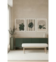 Modern Botanik Geometrik Desenli 3’lü Ahşap Çerçeveli Tablo Seti