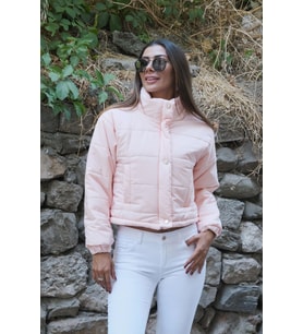 Kadın Pudra Dik Yaka Çıtçıtlı Fermuarlı Kısa Şişme Mont