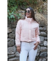 Kadın Pudra Dik Yaka Çıtçıtlı Fermuarlı Kısa Şişme Mont