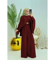 Neşeli butik kadın pelerinli kemer detaylı tesettür tulum NMS061 (Bordo)