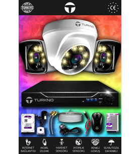 TURKNO 3 Kameralı Karie 1 İç Kamera Set 250 GB HDD Full HD Renkli Gece Görüşlü Güvenlik Kamerası Sistemi
