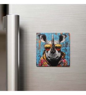Rhino - Gergedan - Güneş Gözlüklü Style - Buzdolap Magneti - 9x9 Cm