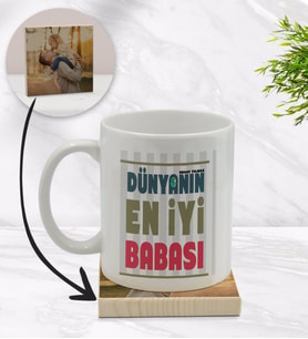 BK Gift Kişiye Özel Dünyanın En İyi Babası Tasarımlı Beyaz Kupa Bardak ve Ahşap Bardak Altlığı Hediye Seti - Model 1