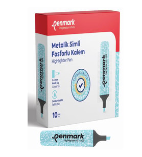 Penmark Fosforlu Kalem Metalik Simli Açık Mavi 1-5 MM Kesik Uçlu İşaretleme Kalemi (10 Lu Paket)