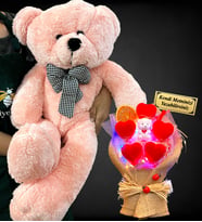 Kişiye Özel Led Işıklı İsimli Ayıcık Buketi ve Büyük Boy 80cm Pembe Peluş Ayıcık (Model 4)