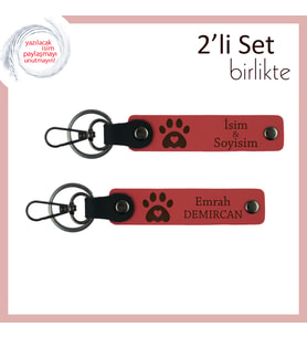 Evcil Hayvanların Sevgisini Üzerinde Taşıyan Set, Kalpli Pati Motifli Anahtarlık Set, Nar Çiçeği-Nar