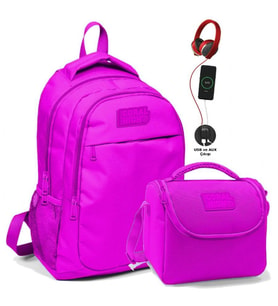 Coral High Okul ve Beslenme Çantası Seti - Kız Çocuk Koyu Pembe - USB Soketli