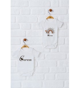Pia Baby Premium %100 Pamuk İsme Özel Organik Baskılı İkili Set Çıtçıtlı Bebek Body Zıbın Modelleri 5033-17 (Ekru)