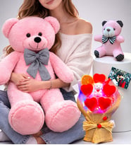 Pembe Büyük Peluş Ayıcık, Kişiye Özel Fotoğraflı Led Işıklı Buket ve Anahtarlık Seti (Model 2)