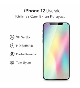 iPhone 12 Uyumlu Kırılmaz Cam Ekran Koruyucu 9H Temperli Cam HD Şeffaf (Beyaz)