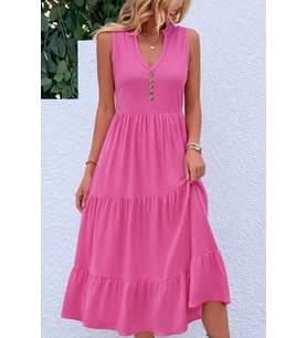 Kadın Askılı V Yakalı önden Düğmeli Midi Viskon Elbise (Pembe)