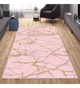 Pembe Gold Desenli Yıkanabilir Kaymaz Taban Leke Tutmaz Modern Salon Halısı ve Yolluk