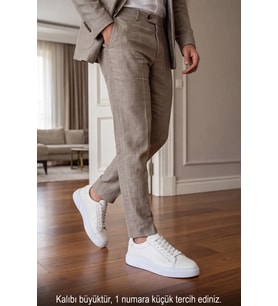 Prestige Sneaker – Hakiki Deri Beyaz Erkek Sneaker, Ergonomik Kalın ve Yumuşak Tabanlı Bağcıklı Günlük Ayakkabı