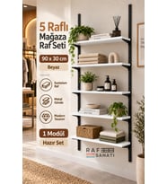 1 Modül 90x30 cm 5 Raflı Geniş Mağaza Duvar Rafı Konik Dikme Sistem Beyaz Suntalam