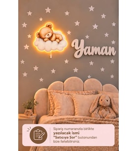Ahşap Ayıcıklı Bulut Lamba & Işıksız İsimlik Seti – İsimli Bebek ve Çocuk Odası Dekoru