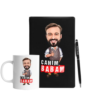 Babalar Gününe Özel Karikatür Siyah Defter Kalem Kupa Seti 129