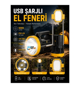 Fonksiyonlu Şarjlı El Feneri 5000 Lümen P50 LED Güçlü Işık Yükselebilir Arka Panel Lamba SOS Kırmızı Mavi Flaşör Kamp,Araç,Acil Durum