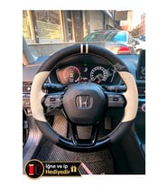 Honda Civic FE Dikme Direksiyon Kılıfı Delikli Deri Parlak Siyah Bej Detay Çift Yüzük ve Dikiş 2021-2026