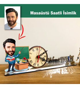 Karikatür Erkek Öğretmen Model Masaüstü Saatli İsimlik m1