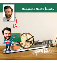 Karikatür Erkek Öğretmen Model Masaüstü Saatli İsimlik m1