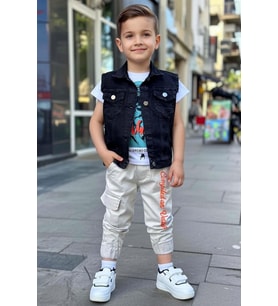 Erkek Çocuk Digital Kaplan Baskılı T-shirt Sırt Baskılı Sıfır Siyah Jean Ceket A