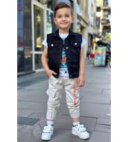 Erkek Çocuk Digital Kaplan Baskılı T-shirt Sırt Baskılı Sıfır Siyah Jean Ceket A