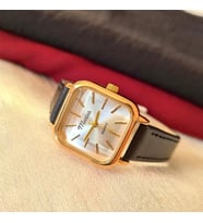 Marlas Retro Kadın Kol Saati, Köşeli Tasarım, Vintage Tasarım, Minimal Tasarım, Altın Rengi Kasa, Siyah Kordon