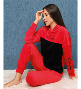 Fransız Kadife Kapüşonlu Kadın Pijama Takımı 1907-2 (Kırmızı)