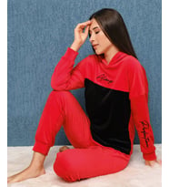 Fransız Kadife Kapüşonlu Kadın Pijama Takımı 1907-2 (Kırmızı)