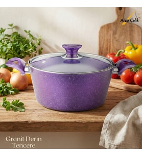 ARZU ÇELİK 24 Cm Granit Derin Tencere Cam Kapak - Violet