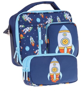 Kaukko Kids Erkek Çocuk Lacivert Roket Üç Bölmeli Thermo Beslenme Çantası ve Kalemlik Seti (L7260+L8260)