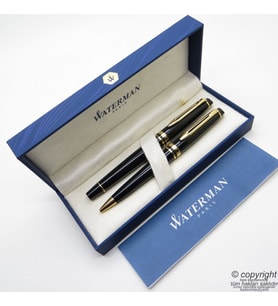 Waterman Expert Lake Siyah Altın Roller Kalem + Tükenmez Kalem Set  İsme Özel Kalem  Hediye Kalem