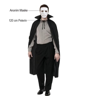 Siyah Renk Yakalı 120 cm Pelerin ve Beyaz Anonim Maske
