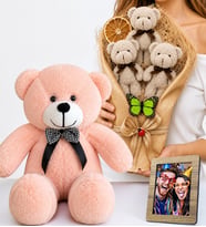 Kişiye Özel Fotoğraflı Gri Büyük Boy Peluş Ayıcık Buketi ve 50 cm Pembe Peluş Ayıcık Hediye Seti