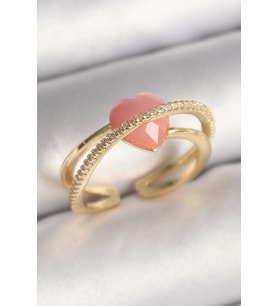 Pirinç Gold Renk Pembe Kristal Kalp Model Zirkon Taş Detaylı Kadın Yüzük