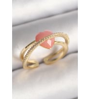 Pirinç Gold Renk Pembe Kristal Kalp Model Zirkon Taş Detaylı Kadın Yüzük