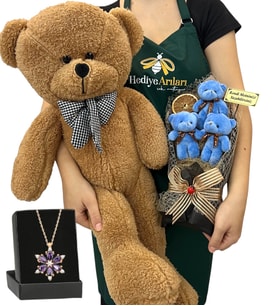 Kişiye Özel Hediye Seti - Ametist Taşlı Lotus Kolye, 3'lü Ayıcık Buketi ve Kahve Peluş Ayıcık (Model 4)