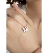Kadın Orjinal 925 Ayar Gümüş Zirkon Taşlı Kelebek Model Kolye (Rose)