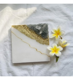 Geode Nero  Kuvars Taşlı Modern Epoksi Duvar Tablosu  Enerjisel & Dekoratif Sanat  20x20 cm (Beyaz Gold)