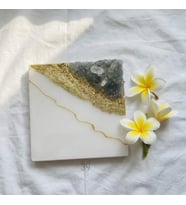 Geode Nero  Kuvars Taşlı Modern Epoksi Duvar Tablosu  Enerjisel & Dekoratif Sanat  20x20 cm (Beyaz Gold)