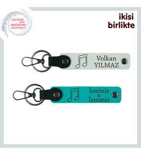 Piyano Çalmayı Seven Eşe Özel Hediye, Notalı Deri Anahtarlık Takımı, İsim Yazılı, Beyaz-Koyu Turkuaz