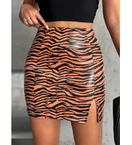 Tek yırtmaçlı zebra desenli deri etek kahvesiyah w24475-S