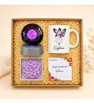 Sevgiliye Hediye Kişiye Özel Peri Kızı Kupa Bardak Işıklı Cam Küre ve Lotus Mum Seti