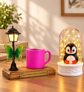 Kişiye Özel Yazılı Sokak Lambalı Pembe Türk Kahvesi Fincanı ve LED Işıklı Fanus (penguenli)