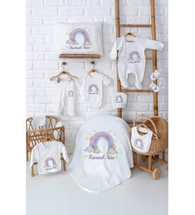 Pia Baby Premium %100 Pamuk 11 Parça İsme Özel Kız Bebek Hediyesi Hastane Çıkışı Seti 5075-00 (Ekru)