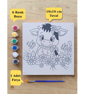 Tuval Boyama Sevimli İnek Baskılı Çocuklara Özel Aktivite Seti 19x19 Cm (Tuval, Fırça ve 6 Renk Akrilik Boya Seti)